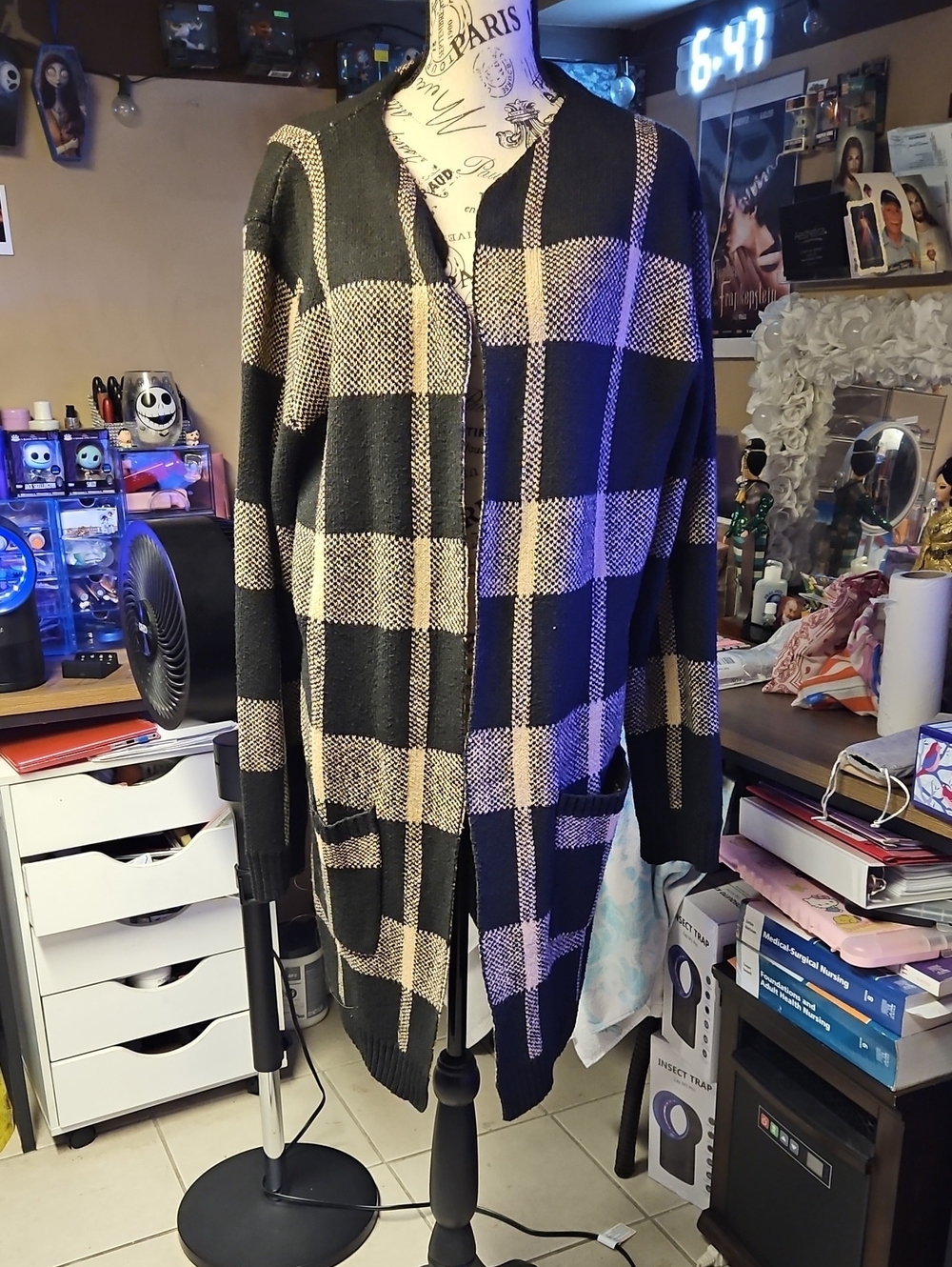 Black and Cream Checked Open-Front Sweater Cardigan